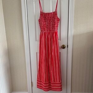 Red and White Striped Smocked Maxi Dress